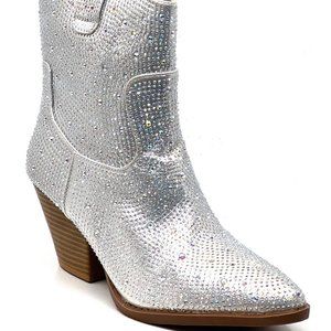 Silver Rhinestone Block Heel Boots